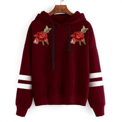 Floral Embroidered Long Sleeve Hoodie With Stripes