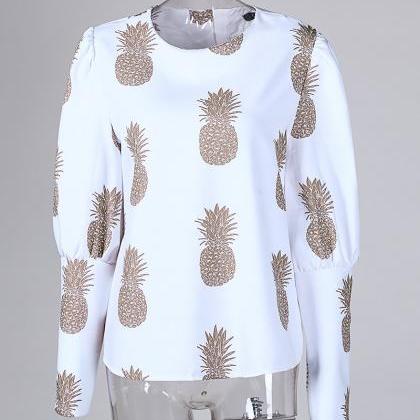 Pineapple Printed Long-sleeved Round Neck Metal..