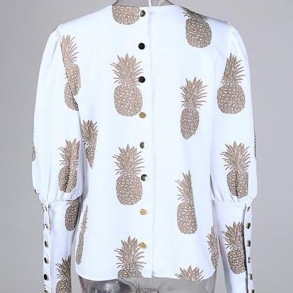 Pineapple Printed Long-sleeved Round Neck Metal..