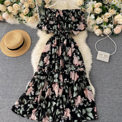 Sexy One-neck Off-shoulder Ruffled Chiffon Floral..