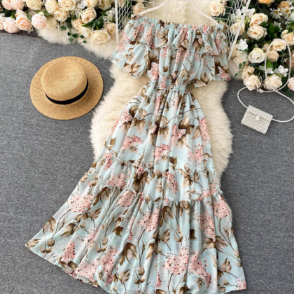 Sexy One-neck Off-shoulder Ruffled Chiffon Floral..