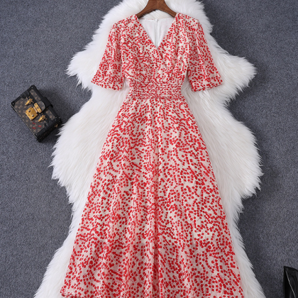Short Sleeve V-neck Printed Chiffon Dress
