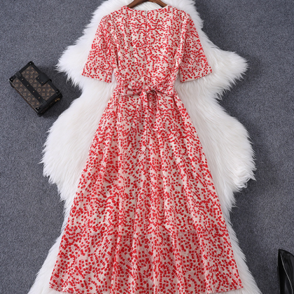 Short Sleeve V-neck Printed Chiffon Dress