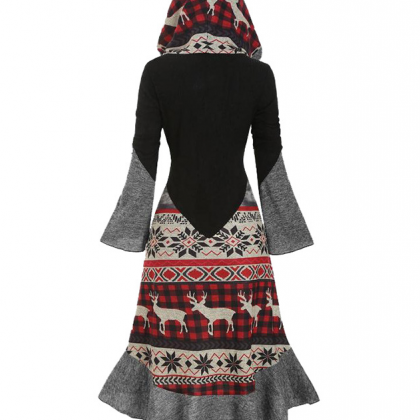 Printed Contrast Color Hooded Long Sleeve..