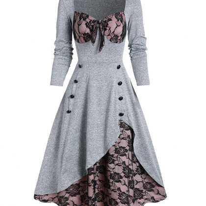 Ladies Lace Stitching Button Long Sleeve Dress