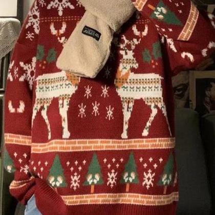 Loose Knit Print Reindeer Sweater