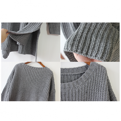 Long Side Slit Gray Knit Sweater