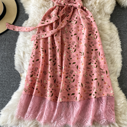 V-neck Floral Chiffon Short-sleeved Lace Dress