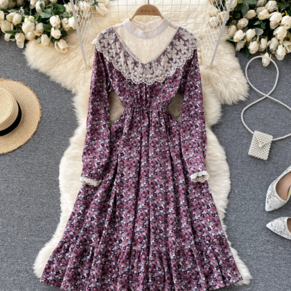 Lace Chiffon Floral V-neck Dress