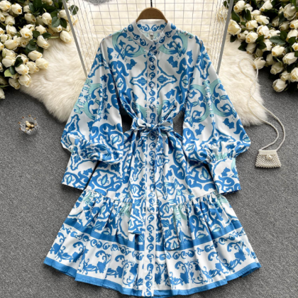 Vintage Print Buttoned Dress