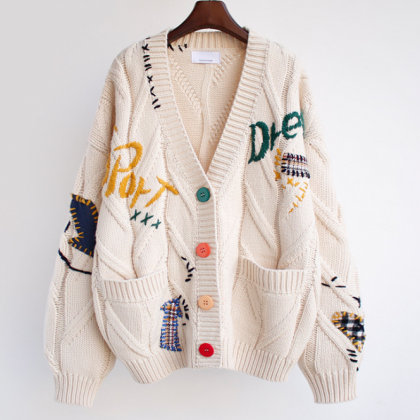 Loose Knit Embroidered Sweater Coat
