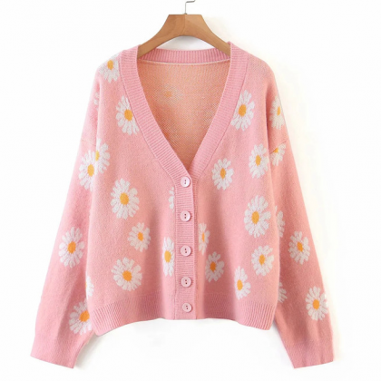 Loose Cardigan Knitted V-neck Long Sleeve Sweater..