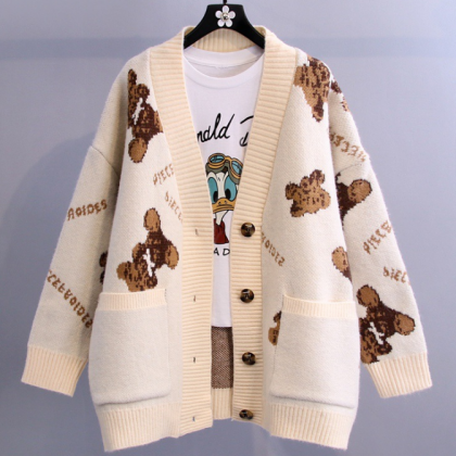 Loose Knit Cardigan Bear Sweater Ja..
