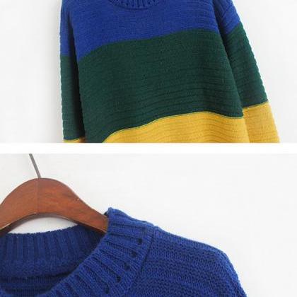 Loose Plus Size Round Neck Striped Sweater