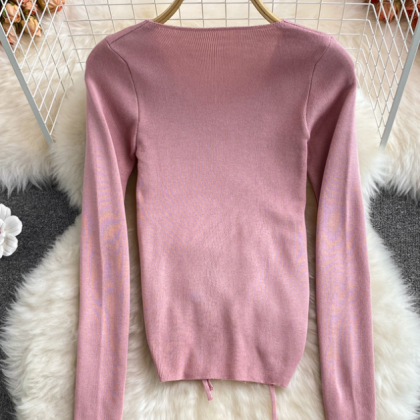 V-neck Tight-fitting Long-sleeved Knit T-shirt Top