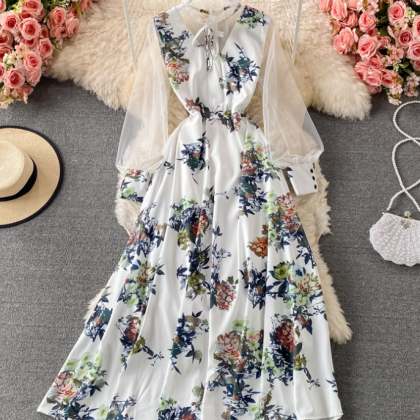 Long-sleeved Floral Chiffon Dress