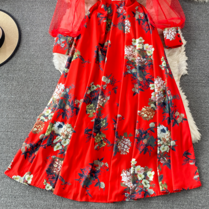 Long-sleeved Floral Chiffon Dress