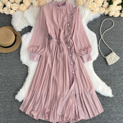Temperament Solid Color Chiffon Long Sleeve Dress