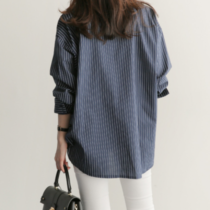 Loose Striped Plus Size Long-sleeved Shirt