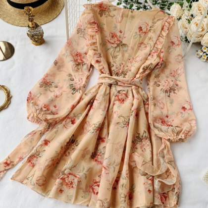 Elegant V-neck Floral Chiffon Dress