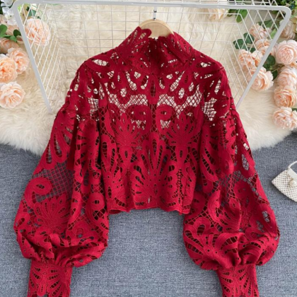 Design Lace Puff Sleeve Loose Sexy Shirt