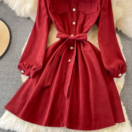 Solid Color Retro Long Sleeve Dress