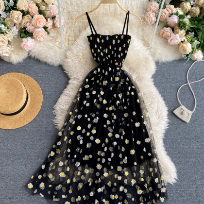 Sling Temperament Embroidered Chrysanthemum Dress