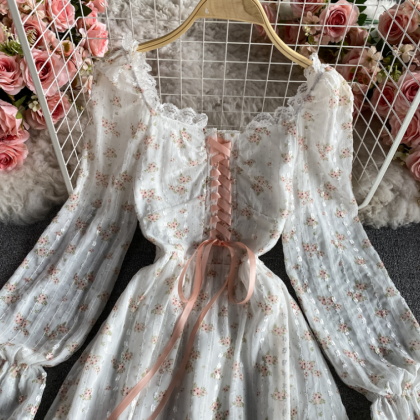 Long Sleeve High Waist Floral Backless Dress