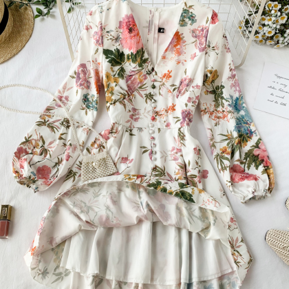Floral Sweet Zipper Buttoned Dress