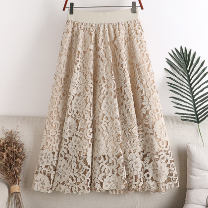 Solid Color Retro High Waist Lace Skirt