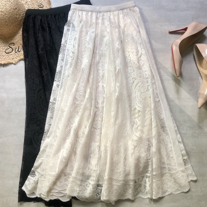 Solid Color Lace High Waist Skirt