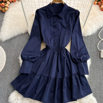 Simple Blue Long Sleeve Dress