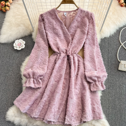 Solid Color V-neck Puff Sleeve Chiffon Dress