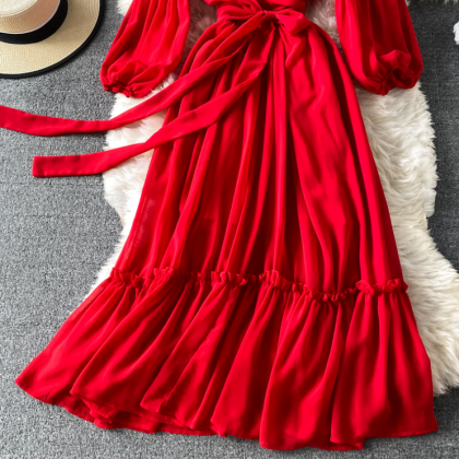 Solid Color Vintage Red V-neck High Waist Dress