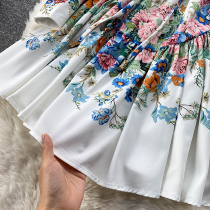 Design Printed Puff Sleeve Slim Chiffon Dress
