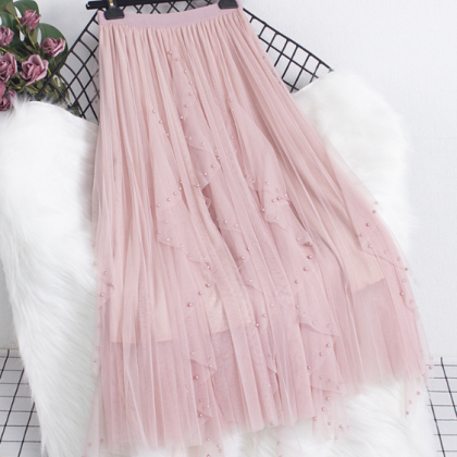 Solid Color Beaded High-Waist Skirt