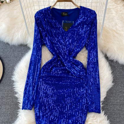 Fashion Sexy V-neck Sequined Long-sleeved..