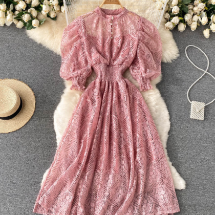 Retro Elegant Lace Temperament Puff Sleeve Dress