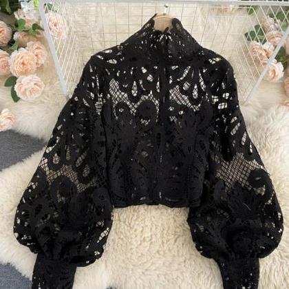 Stylish Hollow Lace Top Puff Sleeve Top