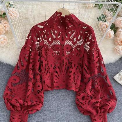 Stylish Hollow Lace Top Puff Sleeve Top