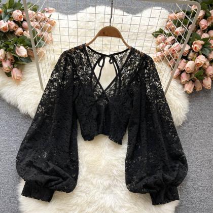 Fashion Sexy Lace V Neck Cropped Top