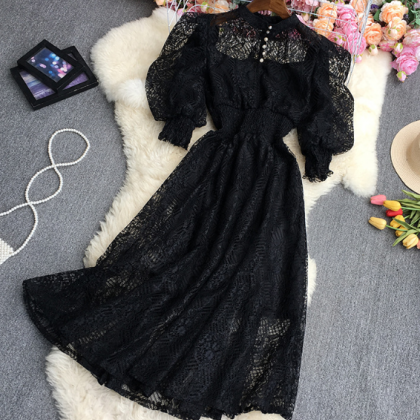 Fashion Sexy Embroidered Lace Bubble Sleeve Short..