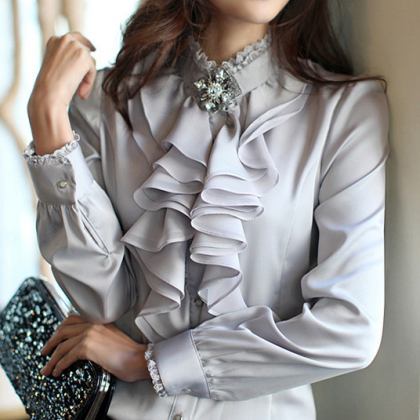Fashion Lace Patchwork Chiffon Long Sleeves Blouse