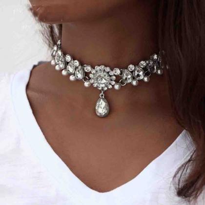 Drop Crystal Embellished Statement Choker Necklace