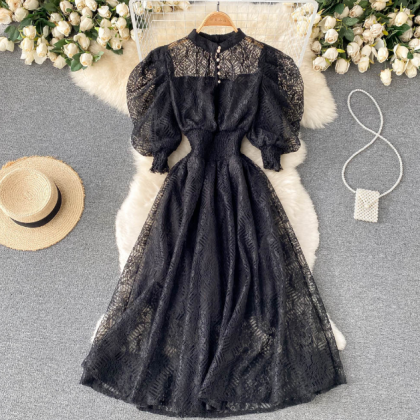 Vintage Elegant Style Bubble Sleeve Lace Dress