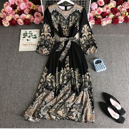Long Sleeved High Waisted Round Neck Printed Dress