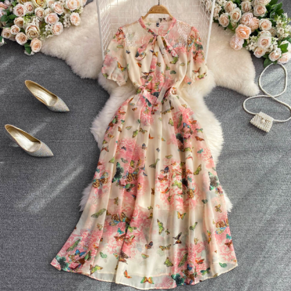 Temperament Bow Short Sleeved Floral Chiffon Dress