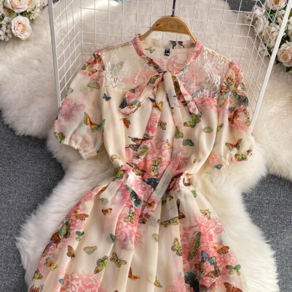 Temperament Bow Short Sleeved Floral Chiffon Dress