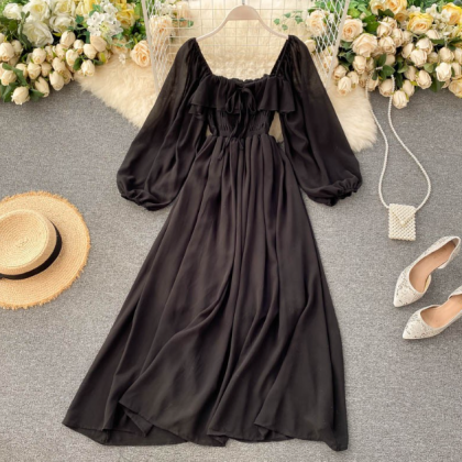 Vintage Chiffon Solid Color Long Sleeve Dress