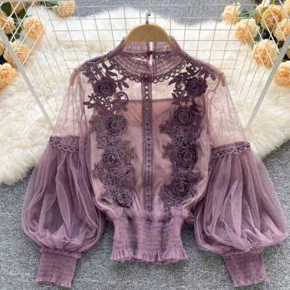 Design Long Sleeve Round Neck Lace Top